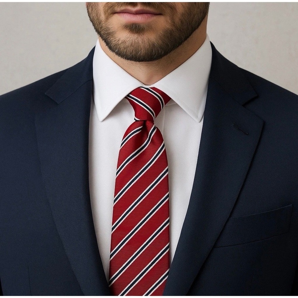 Tommy Hilfiger Mens Red Navy Blue White Striped Silk Necktie RN121148 Americana